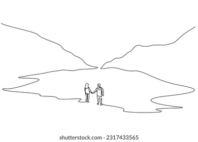 young couple in love nature mountain hike trekking freedom love happy back behind rear far away lifestyle line art