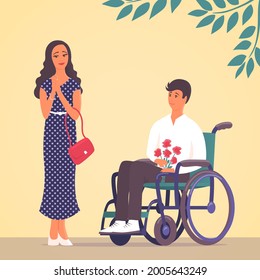 Young couple in love on a date. Man in a wheelchair. Gives her a bouquet of flowers. Beautiful girl standing nearby. Happy people with disabilities. Vector cartoon illustration