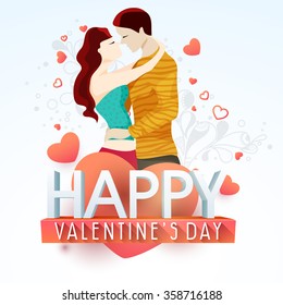 Young couple in love on floral design decorated background for Happy Valentine's Day celebration.