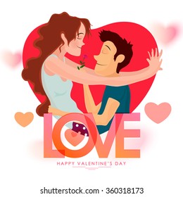Young couple in love on hearts decorated background for Happy Valentine's Day celebration.