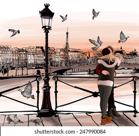 Young couple in love on Pont des arts in Paris - vector illustration