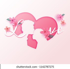 Young couple in love with pink flower blossom paper cut style. Happy valentine's day.