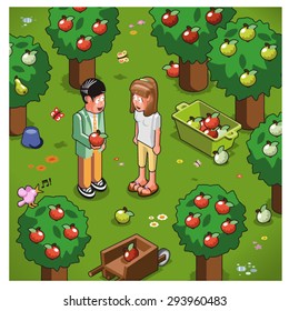 Young couple in love plucking apples in a garden (isometric illustration)