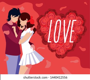 young couple in love poster with roses decoration