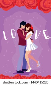 young couple in love poster with roses decoration
