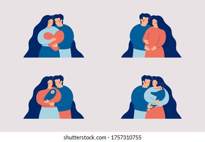 Young couple in love, Pregnant woman with man, family with an infant, parents embrace their baby boy. Family and childbirth concept. Flat cartoon vector illustration.