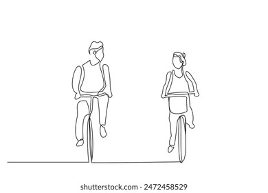 young couple in love riding a bike together happy moments outside one line art design vector