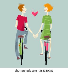 Young couple in love, riding bikes. Happy Valentine's day. Vector illustration