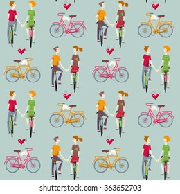 Young couple in love, riding bikes. Happy Valentine's day. Seamless background pattern. Vector illustration