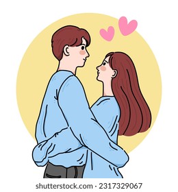 young couple in love shape isolated on white background, Outline illustration vector.