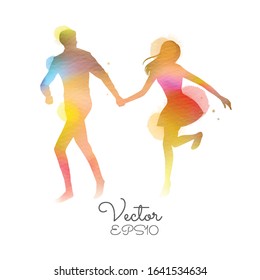 Young couple in love silhouette plus abstract watercolor. Valentine's day concept. Digital art painting. Vector illustration. 