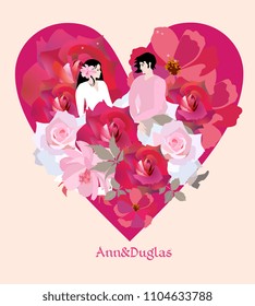 Young couple in love sits in flowers against the background of big red heart. Wedding invitation, Valentine's Day greeting card in vector.
