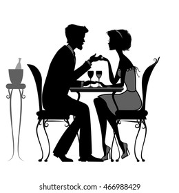young couple in love sitting  in a cafe. black and white silhouette. vector illustration. good for your design!