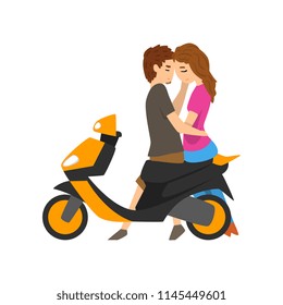 Young couple in love sitting on scooter and embracing vector Illustration on a white background