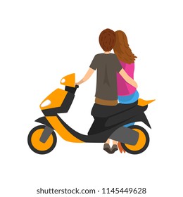 Young couple in love sitting on motorbike, back view vector Illustration on a white background