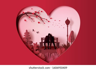 Young couple in love sitting on a bench in park, paper art style.