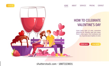 Young couple in love sitting on the bench. Cupcake, glasses of wine and heart balloons. Relationship, Love, Valentine's day, Romantic, Date concept. Vector illustration for banner, website, poster.