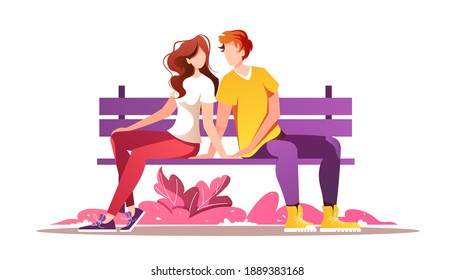 Young couple in love sitting on a bench. Relationship, Love, Valentine's day, Romantic, Date concept. Isolated vector illustration for banner, postcard, poster, card.