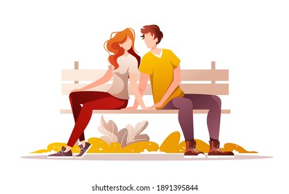 Young couple in love sitting on a bench. Relationship, Love, Valentine's day, Romantic, Date concept. Isolated vector illustration for banner, postcard, poster, card.