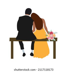 Young couple in love sitting on a bench. Relationship, Love, Valentine's day, Romantic, Date concept. Isolated vector illustration for banner, postcard, poster, card.