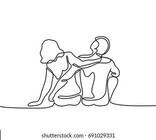Young couple in love sitting on the beach. Continuous line drawing. Vector illustration. Young couple in love sitting on the beach. Continuous line drawing. Vector illustration.