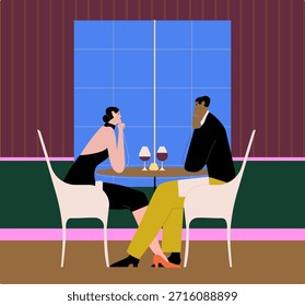 Ein verliebtes junges Paar sitzt an einem Tisch in einem Restaurant. Datum eines glücklichen Mannes und einer verliebten Frau. Romantisches Datum der Menschen. Farbe flache Vektorgrafik.