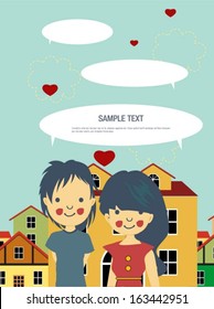Young couple in love with speech bubbles vector.
