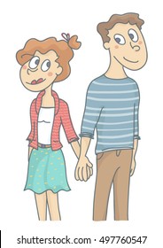 Young couple in love, standing and holding hands. Vector cartoon of woman and man in love.
