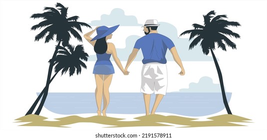 Young couple in love standing on the beach at the seaside enjoying romantic evening and watching sunset. Family have a rest on the beach in summer. couple  holding each other hand in sea background