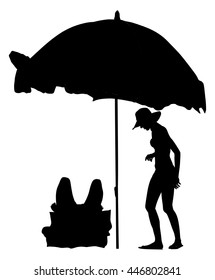 Young couple in love sunbathing on beach vector silhouette illustration. Camping picnic by the sea. Summer sunny day. People on date in swimwear and bikini with parasol. Romantic weekend sunbathing