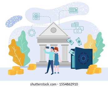 Young couple in love take a selfie in front of a safe with bills and coins near the Bank building. The concept of income due to Bank deposits, safety and increase of funds, obtaining a loan. 