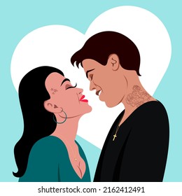 Young couple in love with tattoos. Post for Valentine's Day. Relationship, kiss, vector illustration