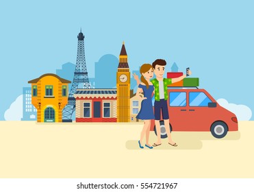Young couple in love, travel to Europe, make selfie on memory, on the background of the local attractions and architecture. Vector illustration. Can be used as banners, brochures, materials.