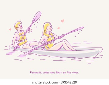 Young couple in love traveling in a boat canoe on the river. Line vector illustration