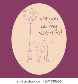 Young couple in love under the lantern - vector illustration