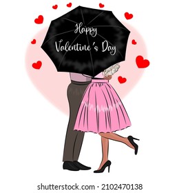 Young Couple In Love Under An Umbrella Retro Style Love Fashionable Card Printing On Textiles Or Gift Wrapping Happy Valentine's Day Couple In Love Woman And Man Romantic Date February 14 Vector