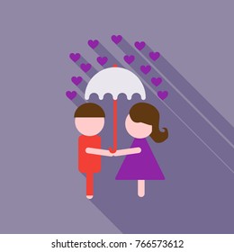 Young Couple in love under umbrella on hearts decorated background, Vector for Happy Valentine's Day celebration.