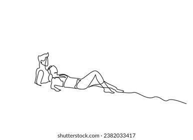 young couple in love vacation seaside beach sitting together relax concept line art design