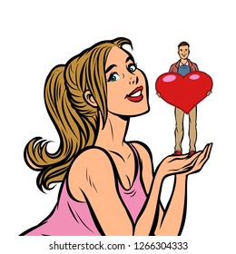 young couple love Valentine heart. Comic cartoon pop art retro vector illustration drawing