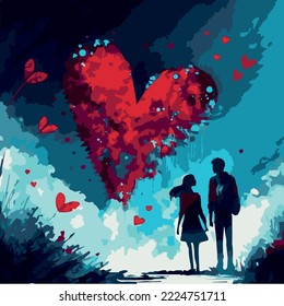 Young couple love vector art. Illustration of romance. Cute cartoon romantic realtionship. Card for dating. Heart symbol. Isolated young love. Silhouette, of new love Kissing in a romantic setting art