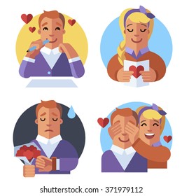 Young couple in love. Vector. Love letter. Waiting for a date, surprise.