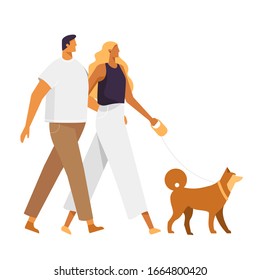 Young couple in love walking a dog Husky. Vector, cartoon characters. Isolated on white background. 