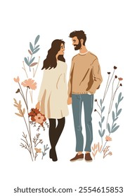 Young couple in love walking hand-in-hand, looking into each other's eyes, vector design