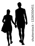 Young couple in love walking and holding hands vector silhouette. Happy time for lovers. Beautiful back view of sport tall people. Boyfriend and girlfriend closeness after beach. Sun ten protect.