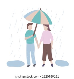 A young couple in love walks by the handle together. It is raining outside. A boy and a girl are walking under an umbrella. Style -flat cartoon. Vector isolated illustration.