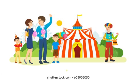 Young couple in love walks in the park of rest and entertainment, along the streets of the city, past the circus and children's, chatting, having fun, eating sweet cotton wool. Vector illustration.