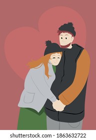 Young couple in love wearing winter outfits and holding hands. Red heart background. Editable valentine's day card design without text.