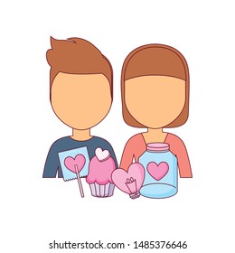 young couple lovely with candies avatar character