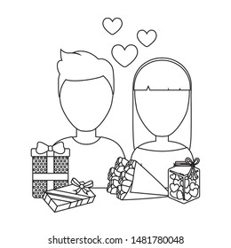 young couple lovely with gift boxes and bouquet flowers