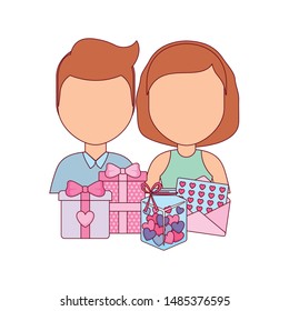 young couple lovely with gift boxes